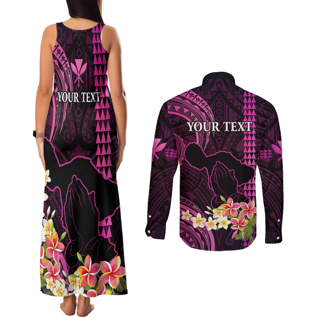Personalised Hawaii Couples Matching Tank Maxi Dress and Long Sleeve Button Shirts Pray For Maui Hawaiian Plumeria Be Strong Pink Verison - Wonder Print Shop