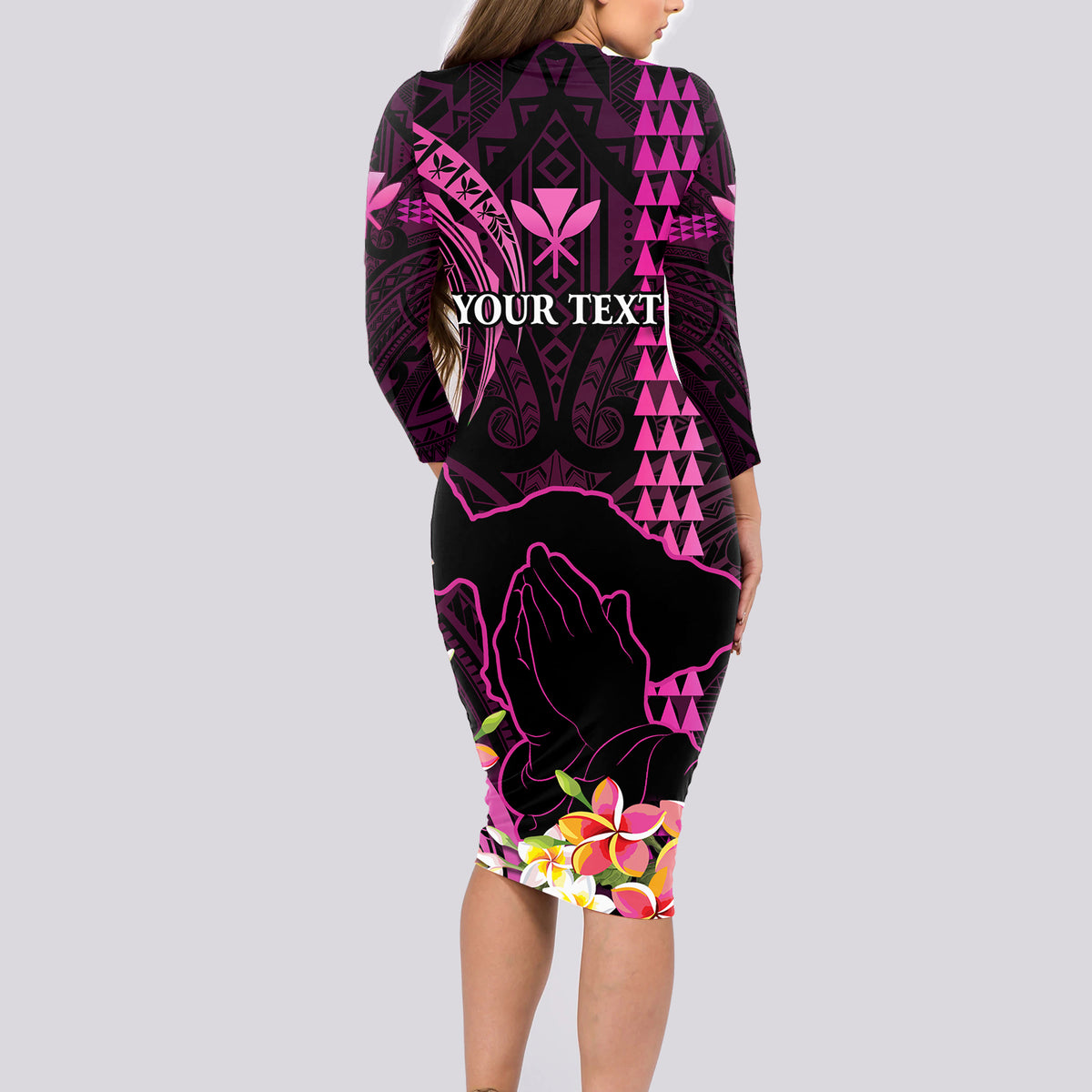 Personalised Hawaii Long Sleeve Bodycon Dress Pray For Maui Hawaiian Plumeria Be Strong Pink Verison - Wonder Print Shop
