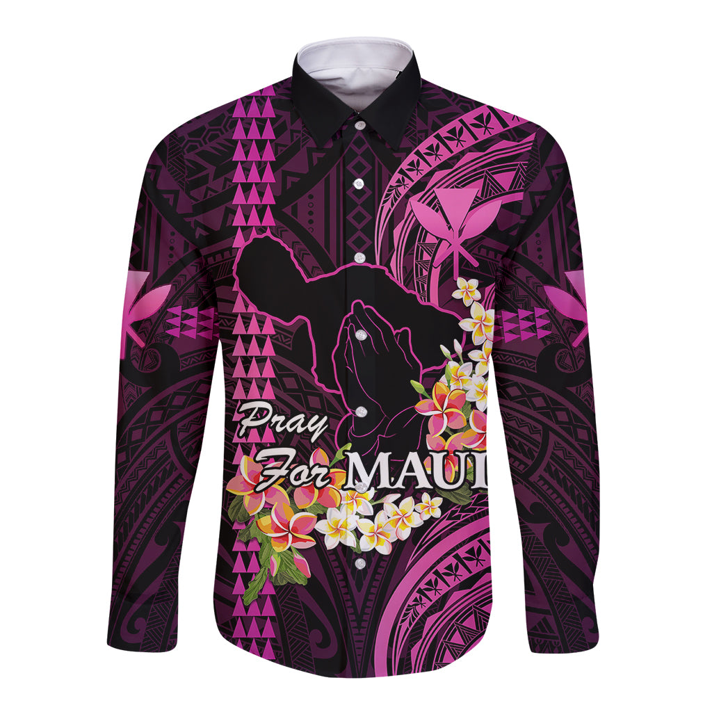 Personalised Hawaii Long Sleeve Button Shirt Pray For Maui Hawaiian Plumeria Be Strong Pink Verison - Wonder Print Shop