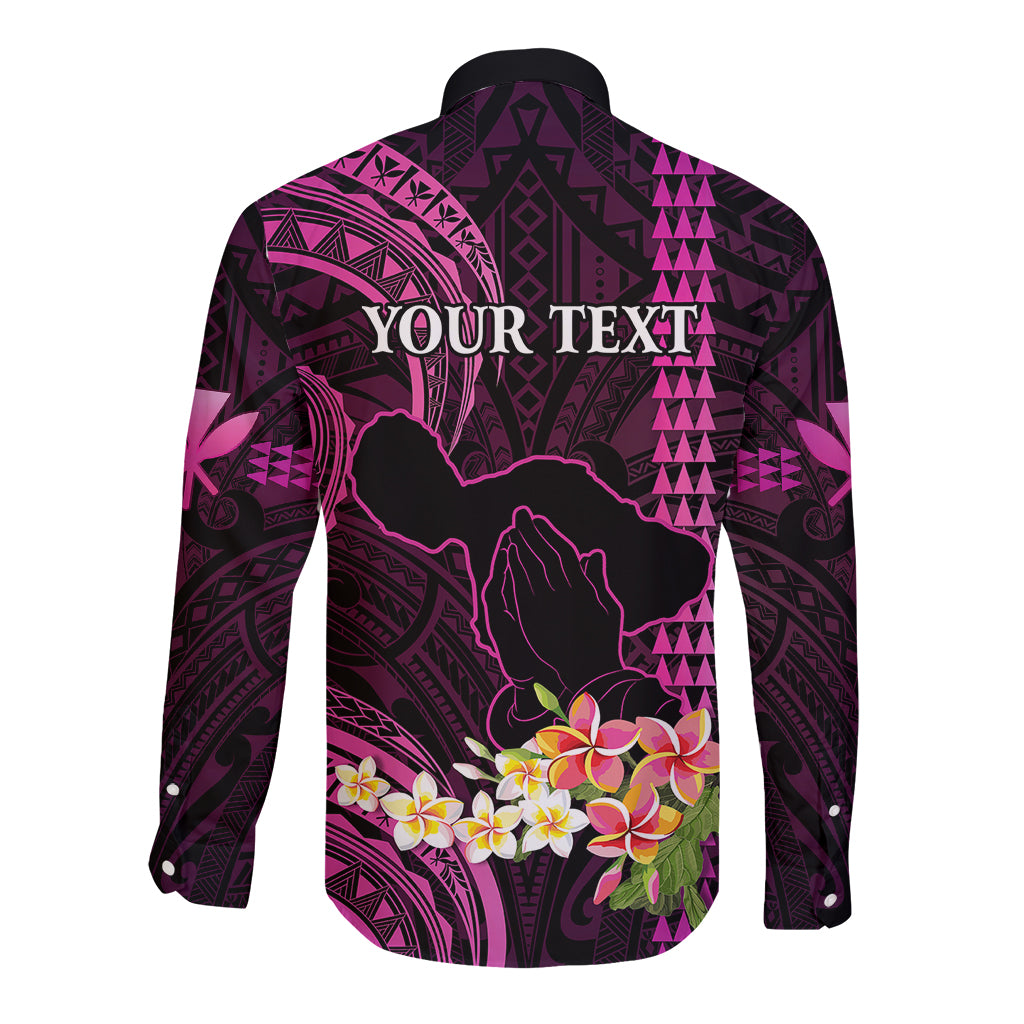 Personalised Hawaii Long Sleeve Button Shirt Pray For Maui Hawaiian Plumeria Be Strong Pink Verison - Wonder Print Shop