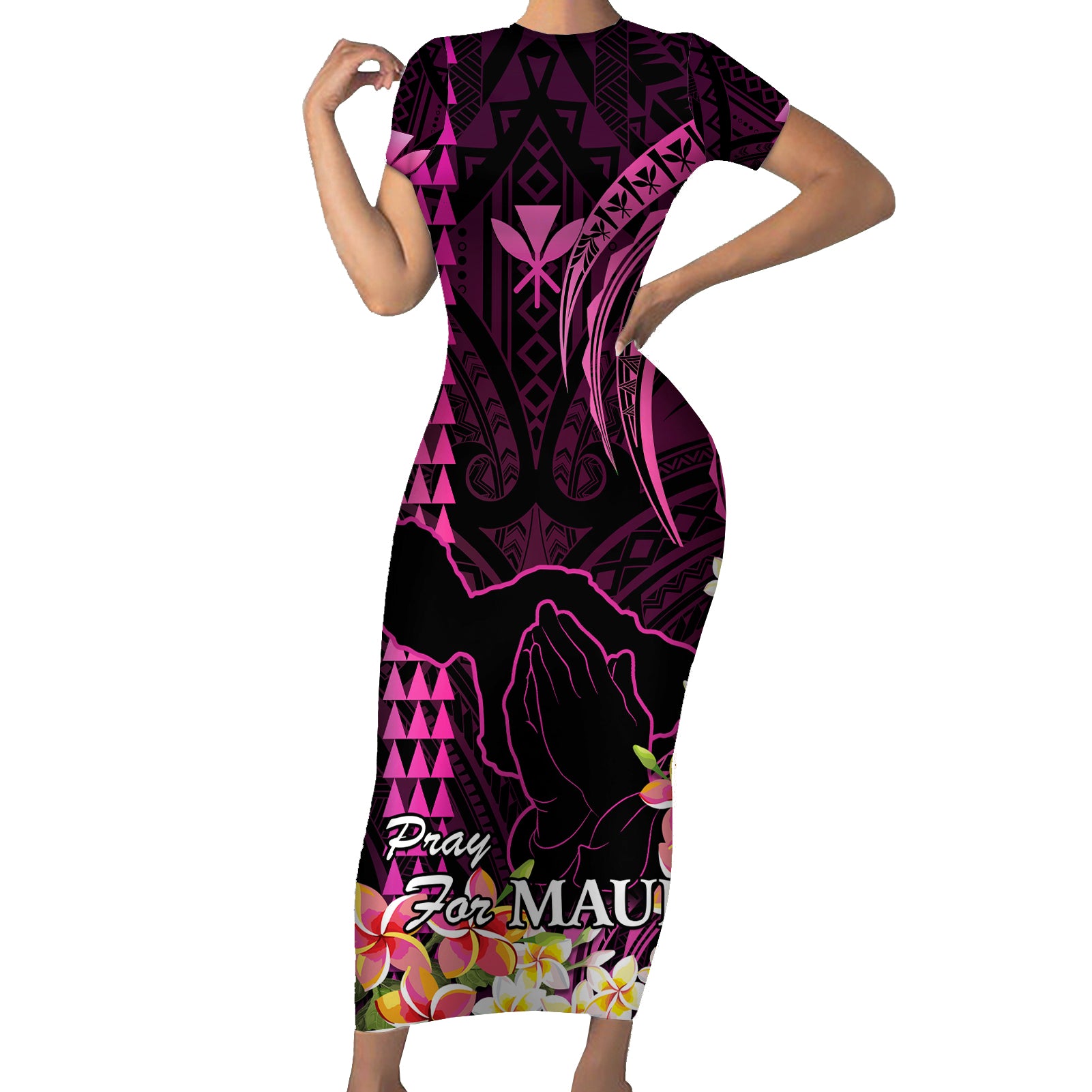 Personalised Hawaii Short Sleeve Bodycon Dress Pray For Maui Hawaiian Plumeria Be Strong Pink Verison - Wonder Print Shop