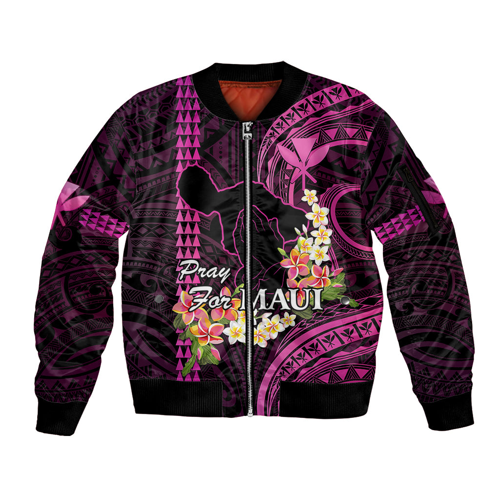 Personalised Hawaii Sleeve Zip Bomber Jacket Pray For Maui Hawaiian Plumeria Be Strong Pink Verison - Wonder Print Shop