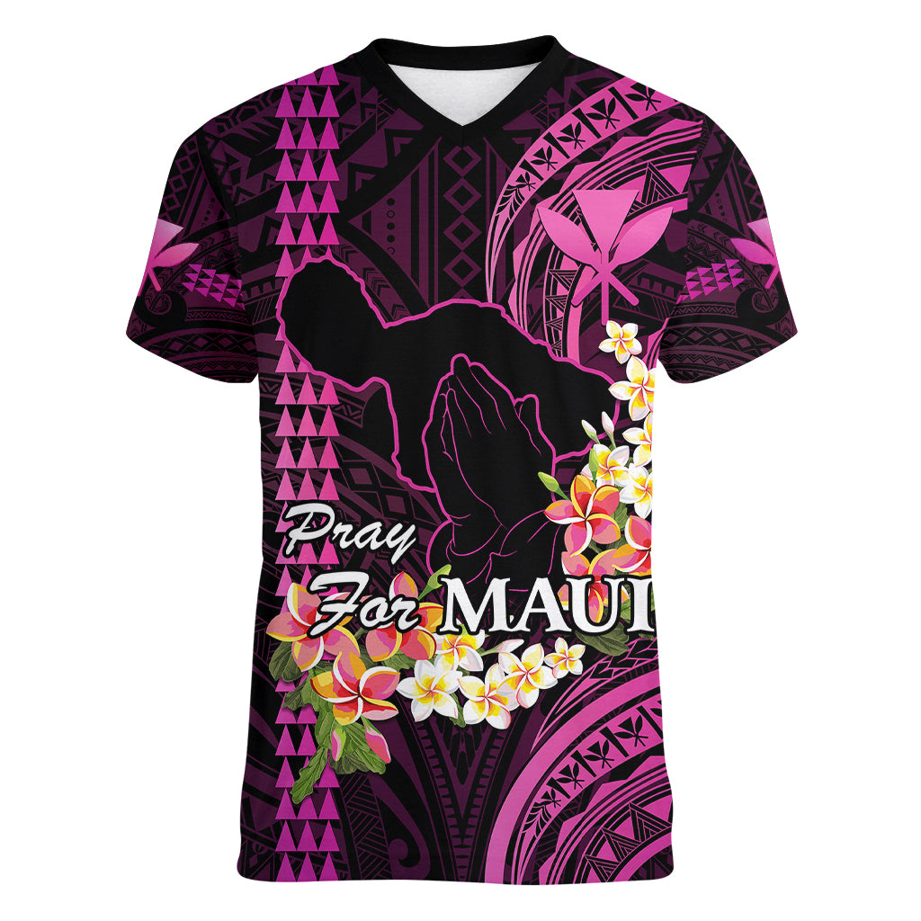 Personalised Hawaii Women V Neck T Shirt Pray For Maui Hawaiian Plumeria Be Strong Pink Verison - Wonder Print Shop