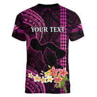 Personalised Hawaii Women V Neck T Shirt Pray For Maui Hawaiian Plumeria Be Strong Pink Verison - Wonder Print Shop