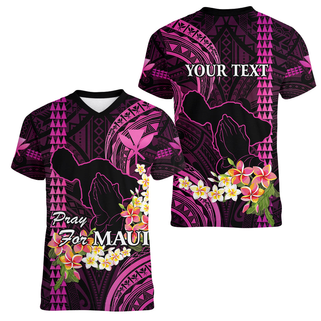 Personalised Hawaii Women V Neck T Shirt Pray For Maui Hawaiian Plumeria Be Strong Pink Verison - Wonder Print Shop
