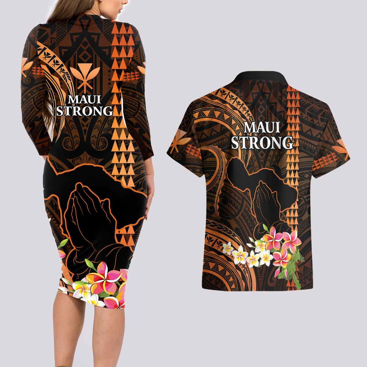 Hawaii Couples Matching Long Sleeve Bodycon Dress and Hawaiian Shirt Pray For Maui Hawaiian Plumeria Be Strong Gold Verison - Wonder Print Shop