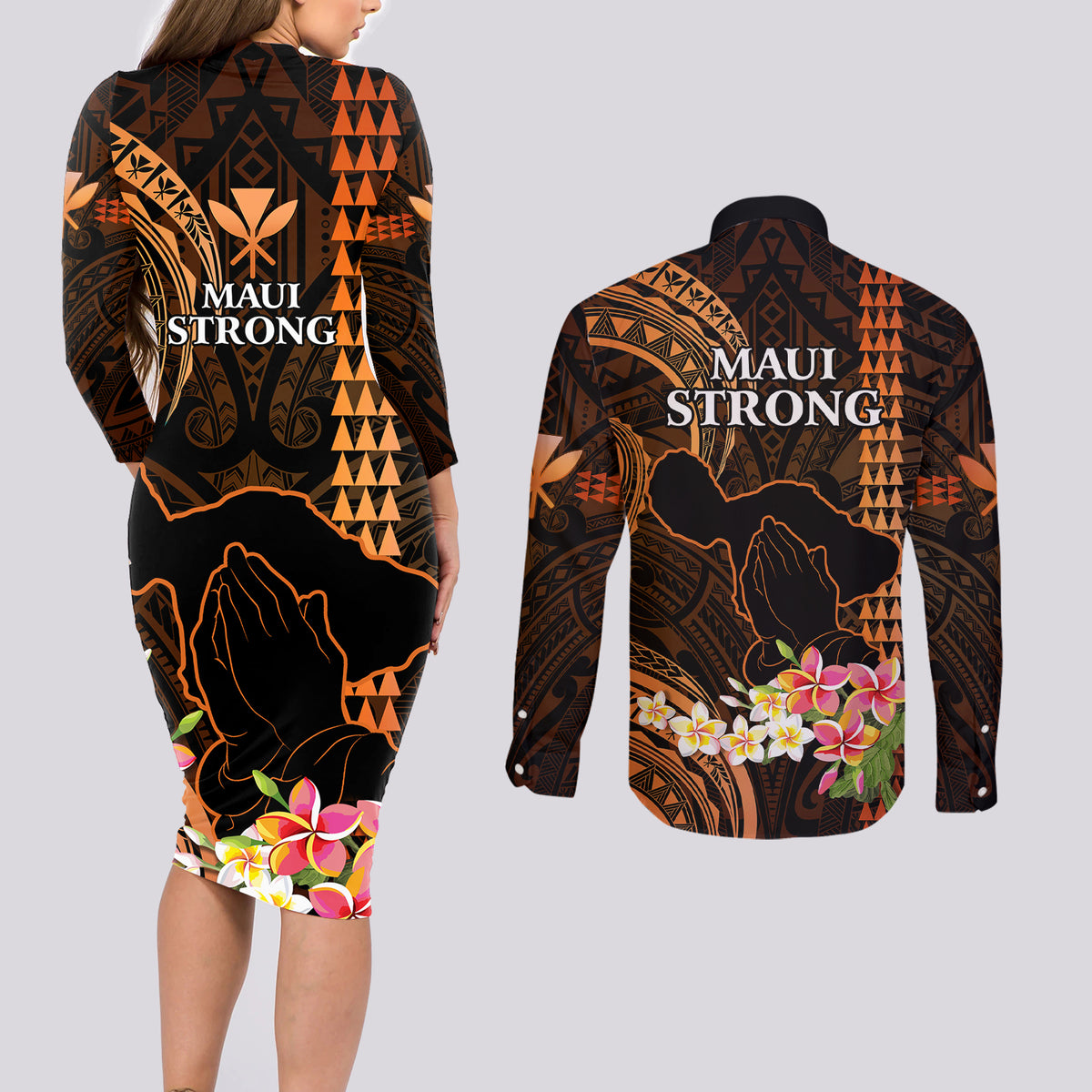 Hawaii Couples Matching Long Sleeve Bodycon Dress and Long Sleeve Button Shirts Pray For Maui Hawaiian Plumeria Be Strong Gold Verison - Wonder Print Shop