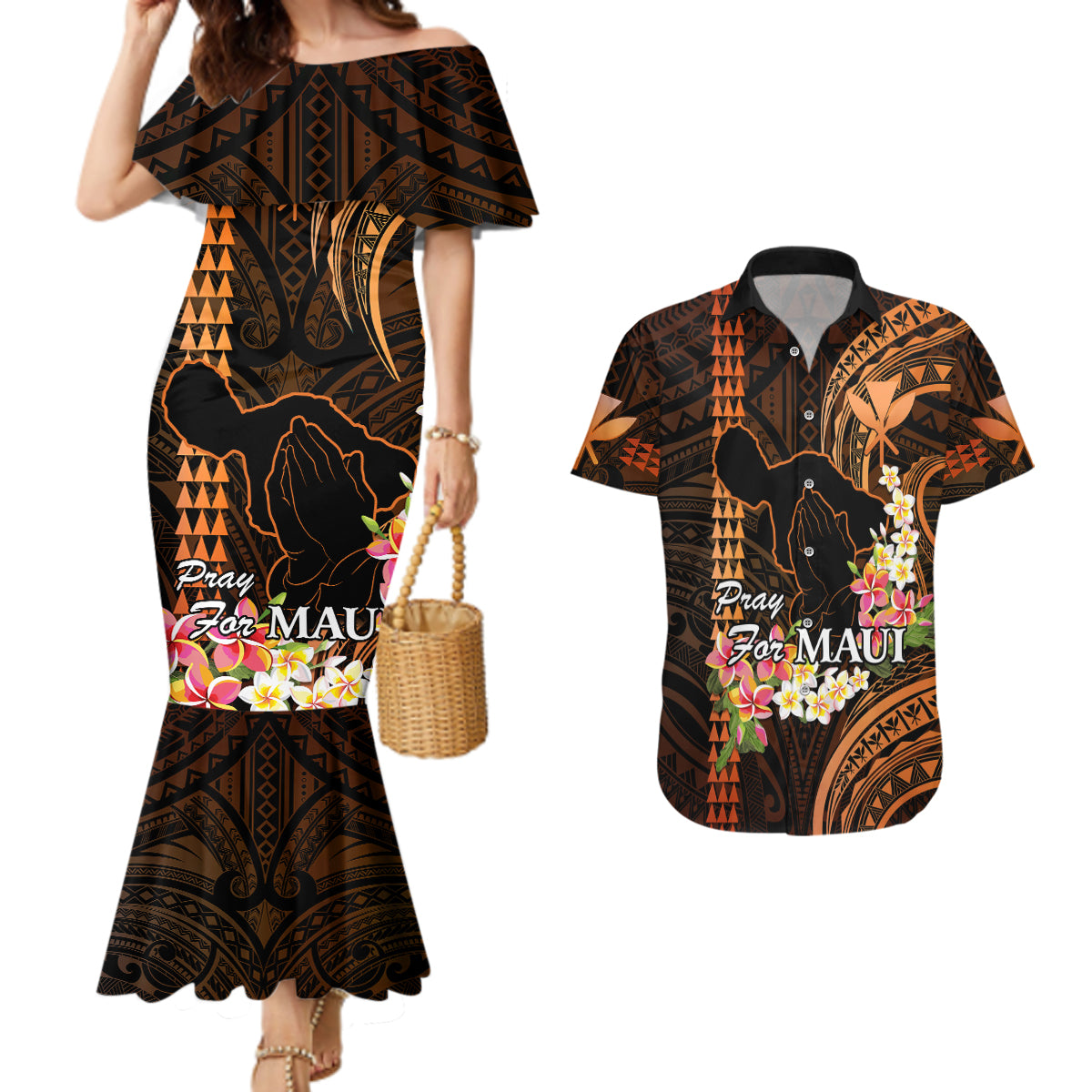 Hawaii Couples Matching Mermaid Dress and Hawaiian Shirt Pray For Maui Hawaiian Plumeria Be Strong Gold Verison - Wonder Print Shop