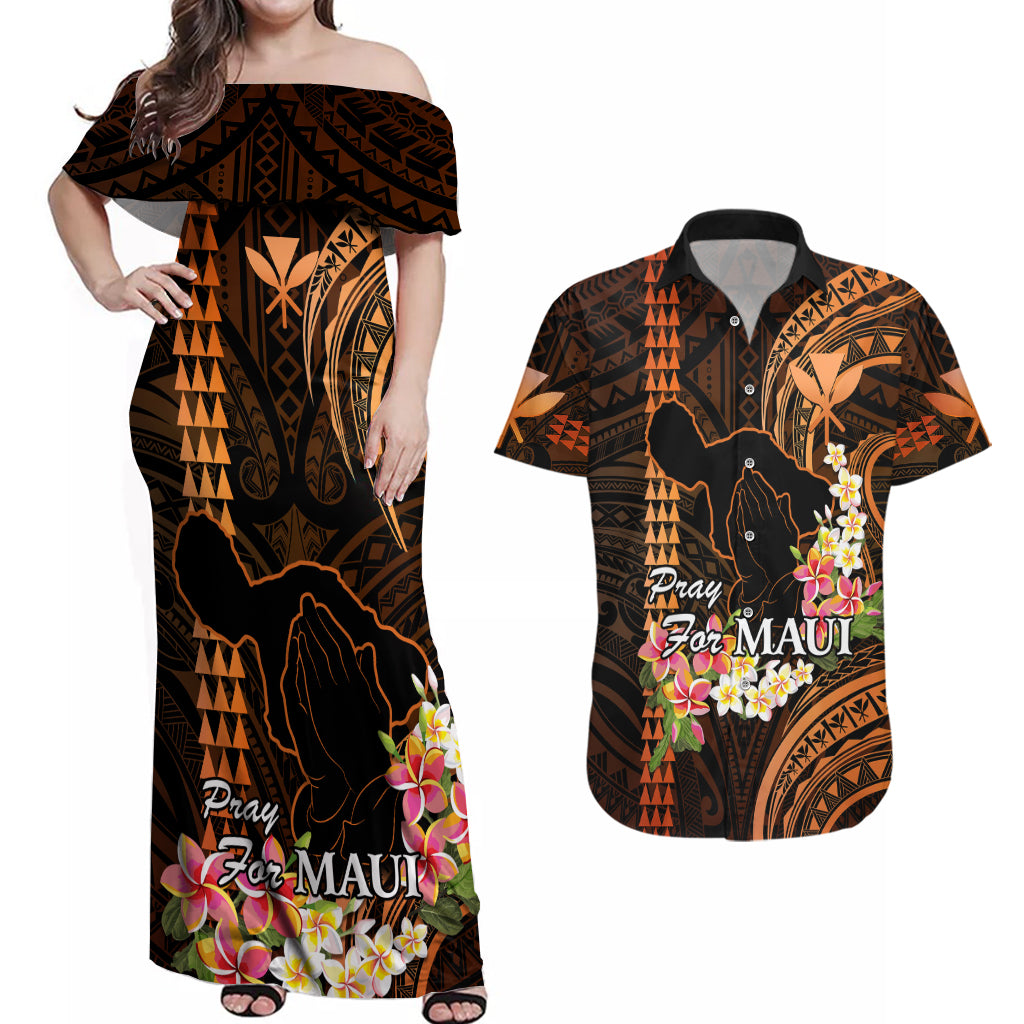 Hawaii Couples Matching Off Shoulder Maxi Dress and Hawaiian Shirt Pray For Maui Hawaiian Plumeria Be Strong Gold Verison - Wonder Print Shop