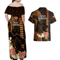 Hawaii Couples Matching Off Shoulder Maxi Dress and Hawaiian Shirt Pray For Maui Hawaiian Plumeria Be Strong Gold Verison - Wonder Print Shop