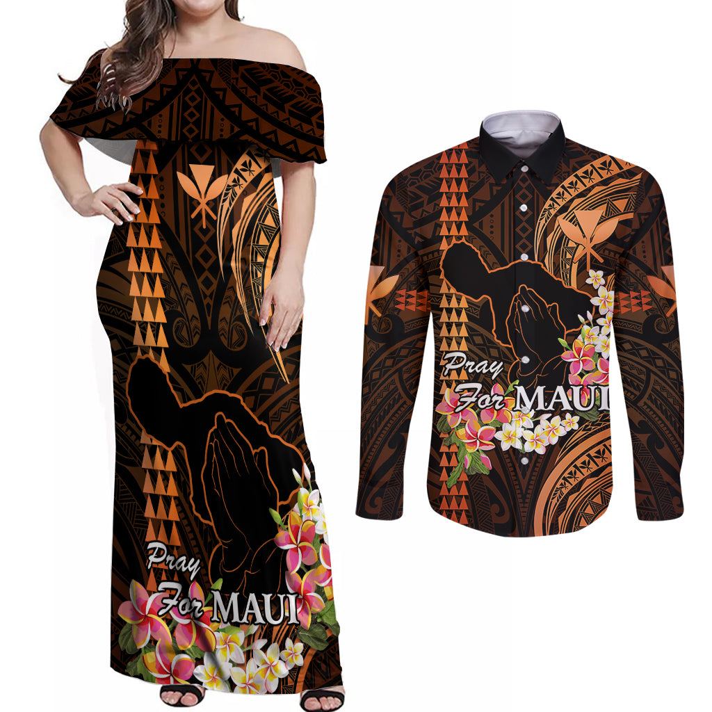 Hawaii Couples Matching Off Shoulder Maxi Dress and Long Sleeve Button Shirts Pray For Maui Hawaiian Plumeria Be Strong Gold Verison - Wonder Print Shop