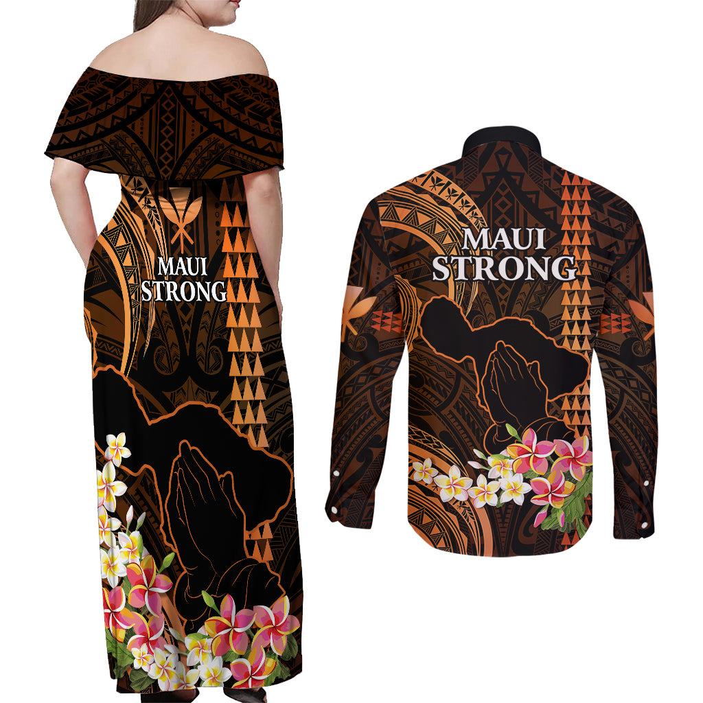 Hawaii Couples Matching Off Shoulder Maxi Dress and Long Sleeve Button Shirts Pray For Maui Hawaiian Plumeria Be Strong Gold Verison - Wonder Print Shop