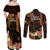 Hawaii Couples Matching Off Shoulder Maxi Dress and Long Sleeve Button Shirts Pray For Maui Hawaiian Plumeria Be Strong Gold Verison - Wonder Print Shop