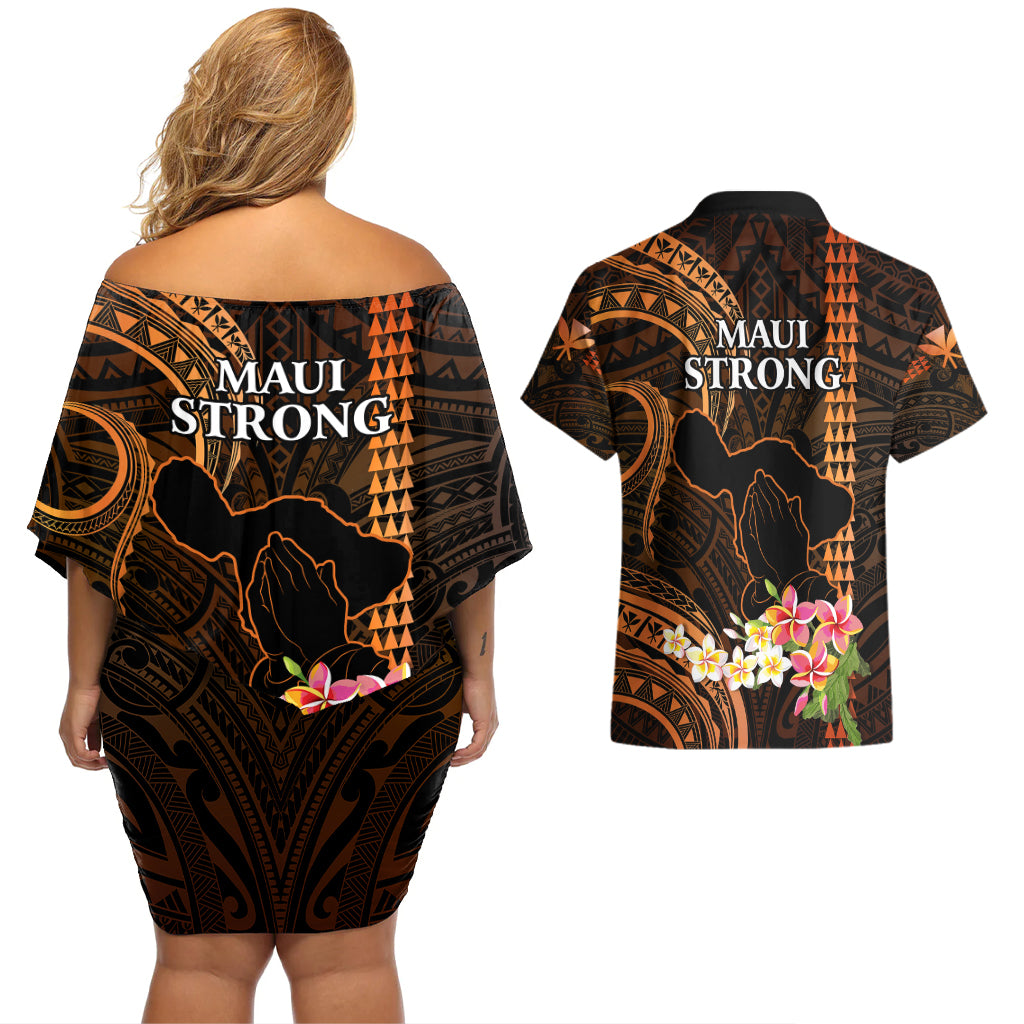 Hawaii Couples Matching Off Shoulder Short Dress and Hawaiian Shirt Pray For Maui Hawaiian Plumeria Be Strong Gold Verison - Wonder Print Shop