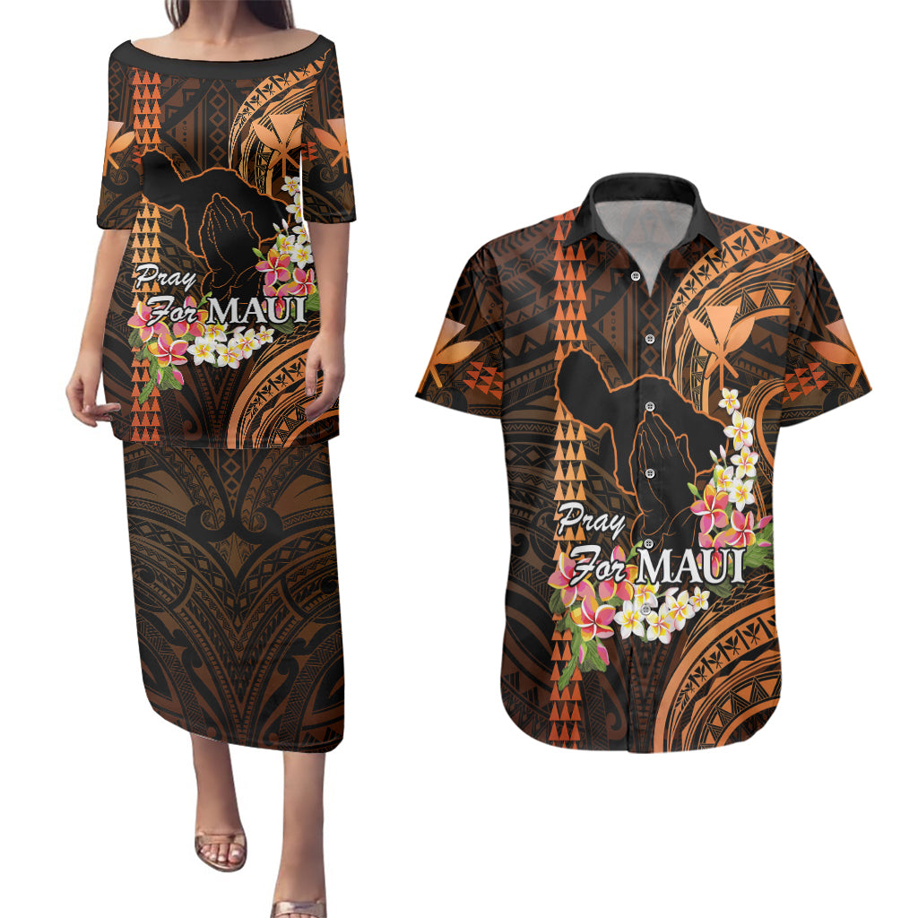 Hawaii Couples Matching Puletasi Dress and Hawaiian Shirt Pray For Maui Hawaiian Plumeria Be Strong Gold Verison - Wonder Print Shop