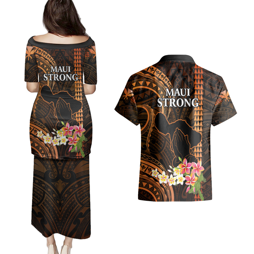 Hawaii Couples Matching Puletasi Dress and Hawaiian Shirt Pray For Maui Hawaiian Plumeria Be Strong Gold Verison - Wonder Print Shop