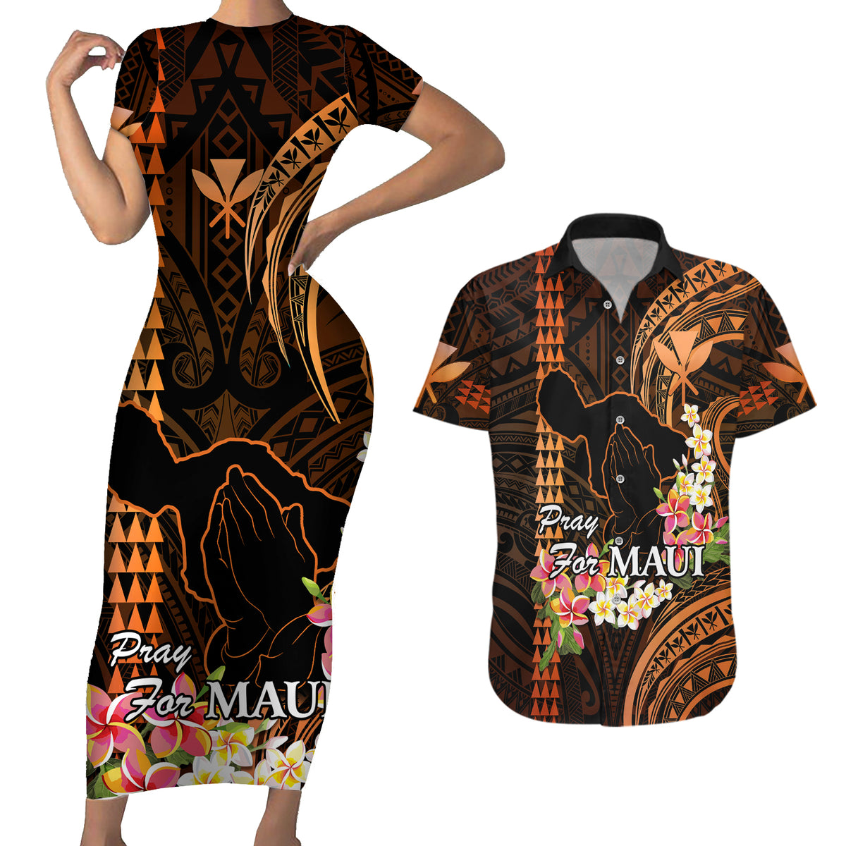 Hawaii Couples Matching Short Sleeve Bodycon Dress and Hawaiian Shirt Pray For Maui Hawaiian Plumeria Be Strong Gold Verison - Wonder Print Shop