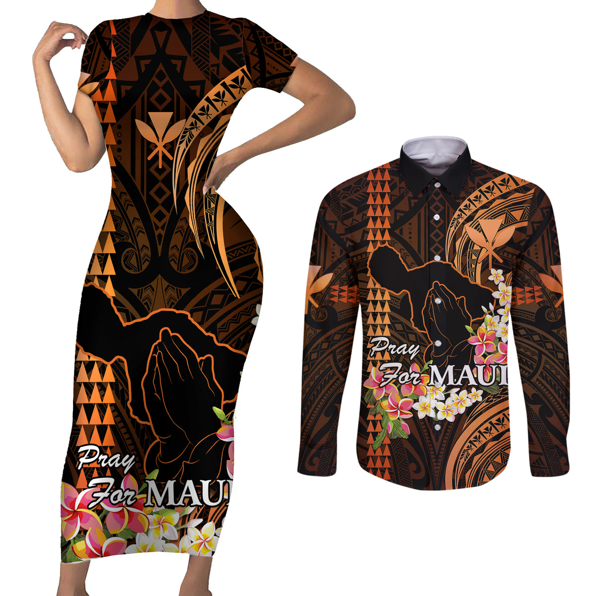 Hawaii Couples Matching Short Sleeve Bodycon Dress and Long Sleeve Button Shirts Pray For Maui Hawaiian Plumeria Be Strong Gold Verison - Wonder Print Shop