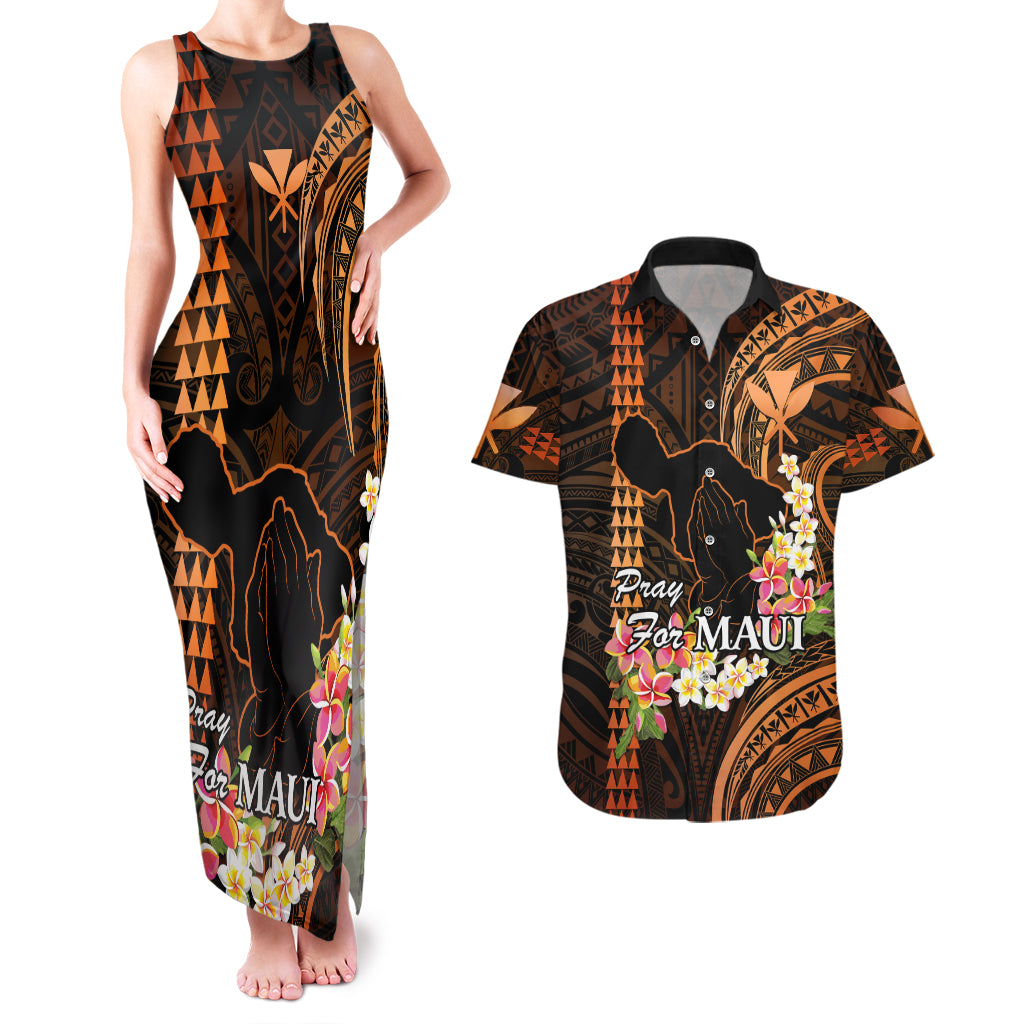 Hawaii Couples Matching Tank Maxi Dress and Hawaiian Shirt Pray For Maui Hawaiian Plumeria Be Strong Gold Verison - Wonder Print Shop