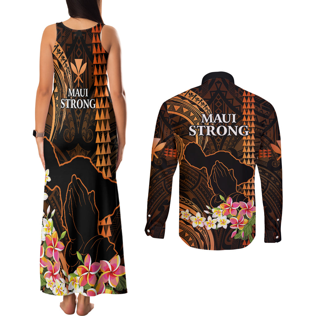 Hawaii Couples Matching Tank Maxi Dress and Long Sleeve Button Shirts Pray For Maui Hawaiian Plumeria Be Strong Gold Verison - Wonder Print Shop
