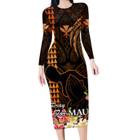 Hawaii Long Sleeve Bodycon Dress Pray For Maui Hawaiian Plumeria Be Strong Gold Verison - Wonder Print Shop