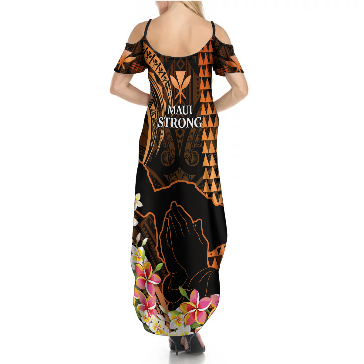 Hawaii Summer Maxi Dress Pray For Maui Hawaiian Plumeria Be Strong Gold Verison - Wonder Print Shop