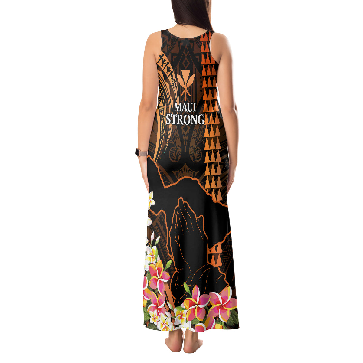 Hawaii Tank Maxi Dress Pray For Maui Hawaiian Plumeria Be Strong Gold Verison - Wonder Print Shop