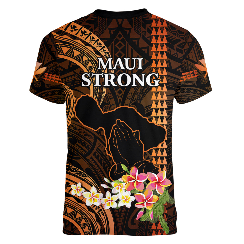 Hawaii Women V Neck T Shirt Pray For Maui Hawaiian Plumeria Be Strong Gold Verison - Wonder Print Shop