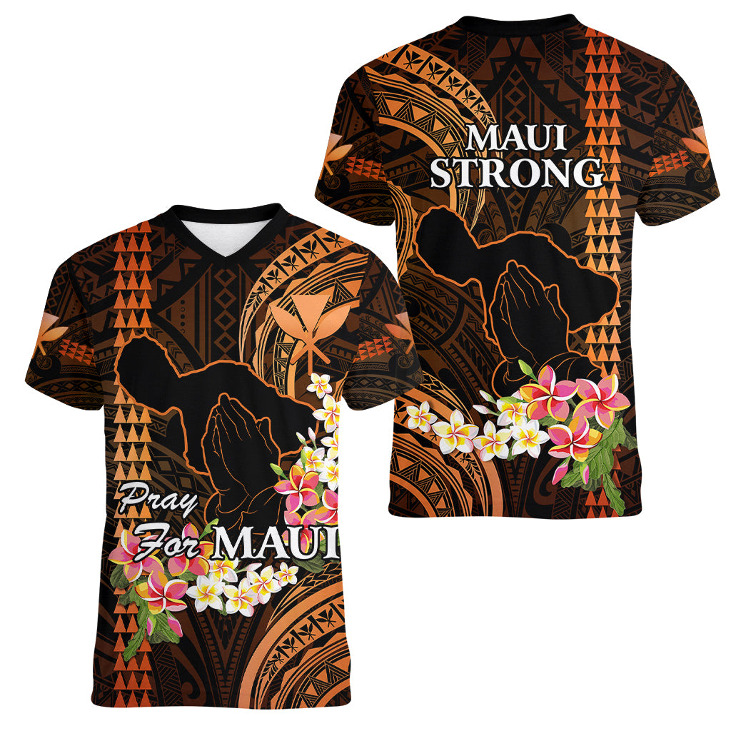 Hawaii Women V Neck T Shirt Pray For Maui Hawaiian Plumeria Be Strong Gold Verison - Wonder Print Shop