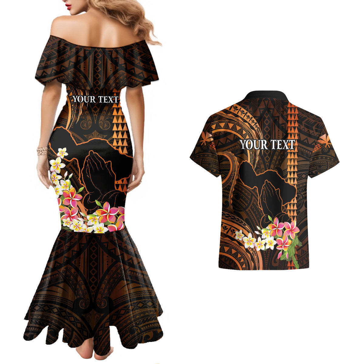 Personalised Hawaii Couples Matching Mermaid Dress and Hawaiian Shirt Pray For Maui Hawaiian Plumeria Be Strong Gold Verison - Wonder Print Shop