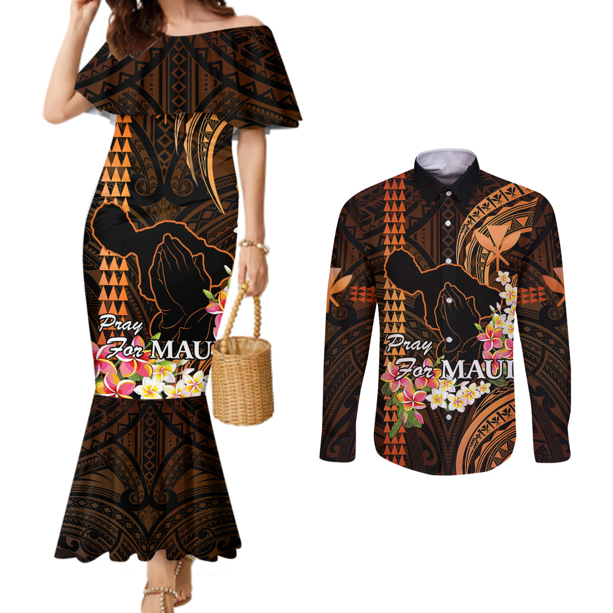 personalised-hawaii-couples-matching-mermaid-dress-and-long-sleeve-button-shirts-pray-for-maui-hawaiian-plumeria-be-strong-gold-verison