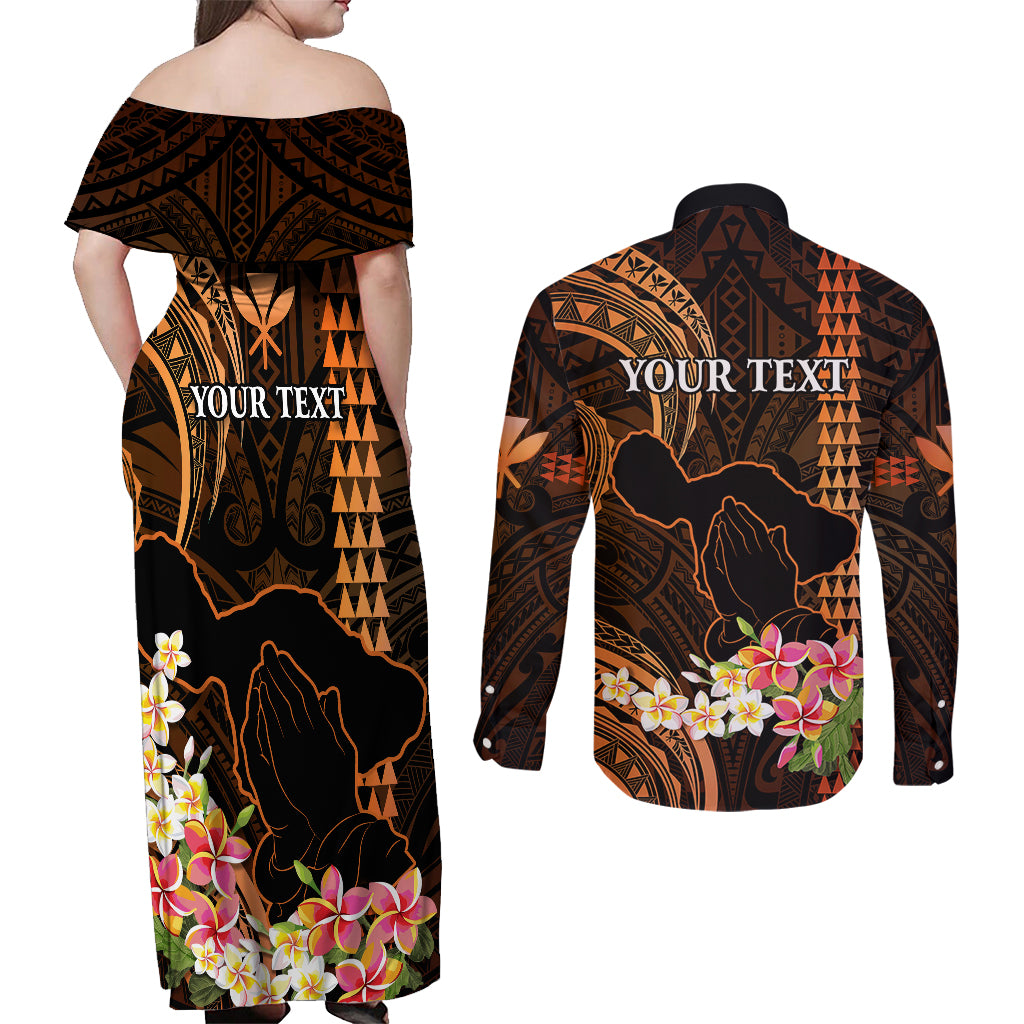 Personalised Hawaii Couples Matching Off Shoulder Maxi Dress and Long Sleeve Button Shirts Pray For Maui Hawaiian Plumeria Be Strong Gold Verison - Wonder Print Shop