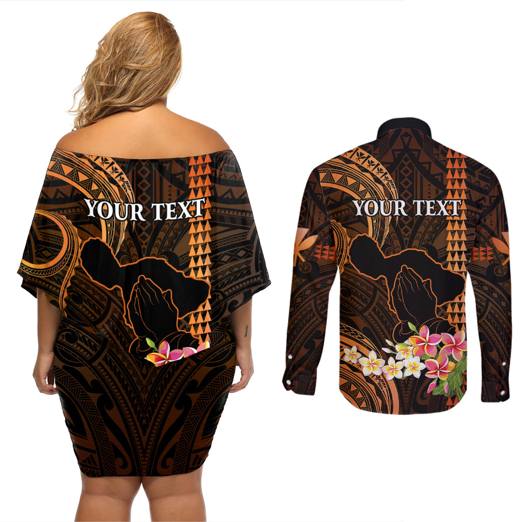 Personalised Hawaii Couples Matching Off Shoulder Short Dress and Long Sleeve Button Shirts Pray For Maui Hawaiian Plumeria Be Strong Gold Verison - Wonder Print Shop