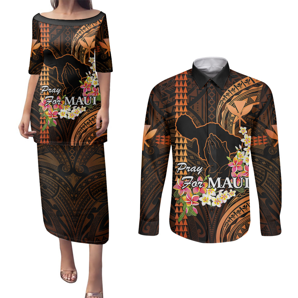 Personalised Hawaii Couples Matching Puletasi Dress and Long Sleeve Button Shirts Pray For Maui Hawaiian Plumeria Be Strong Gold Verison - Wonder Print Shop