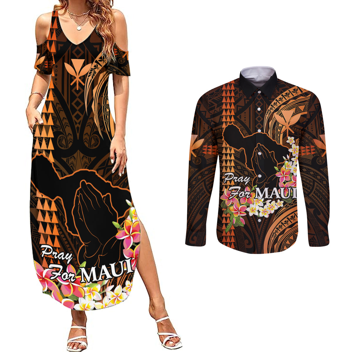 Personalised Hawaii Couples Matching Summer Maxi Dress and Long Sleeve Button Shirts Pray For Maui Hawaiian Plumeria Be Strong Gold Verison - Wonder Print Shop
