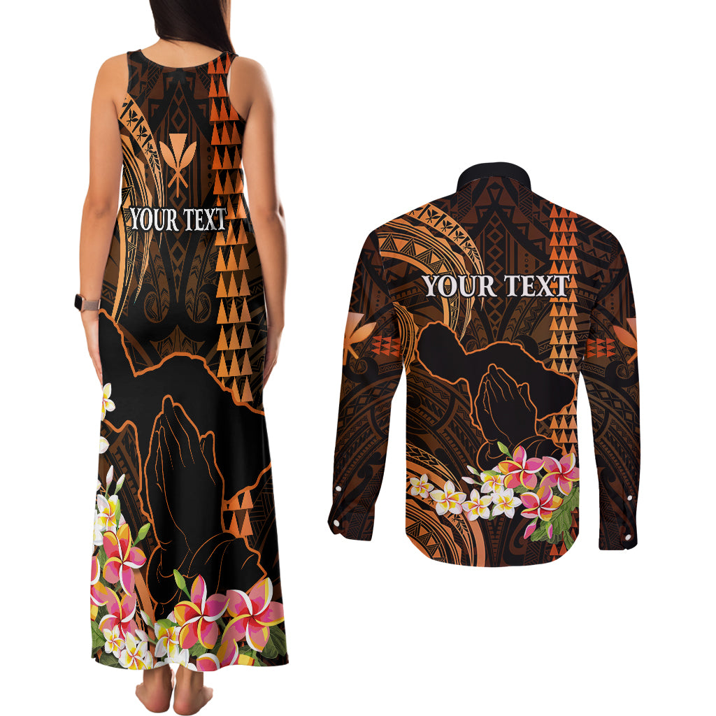 Personalised Hawaii Couples Matching Tank Maxi Dress and Long Sleeve Button Shirts Pray For Maui Hawaiian Plumeria Be Strong Gold Verison - Wonder Print Shop