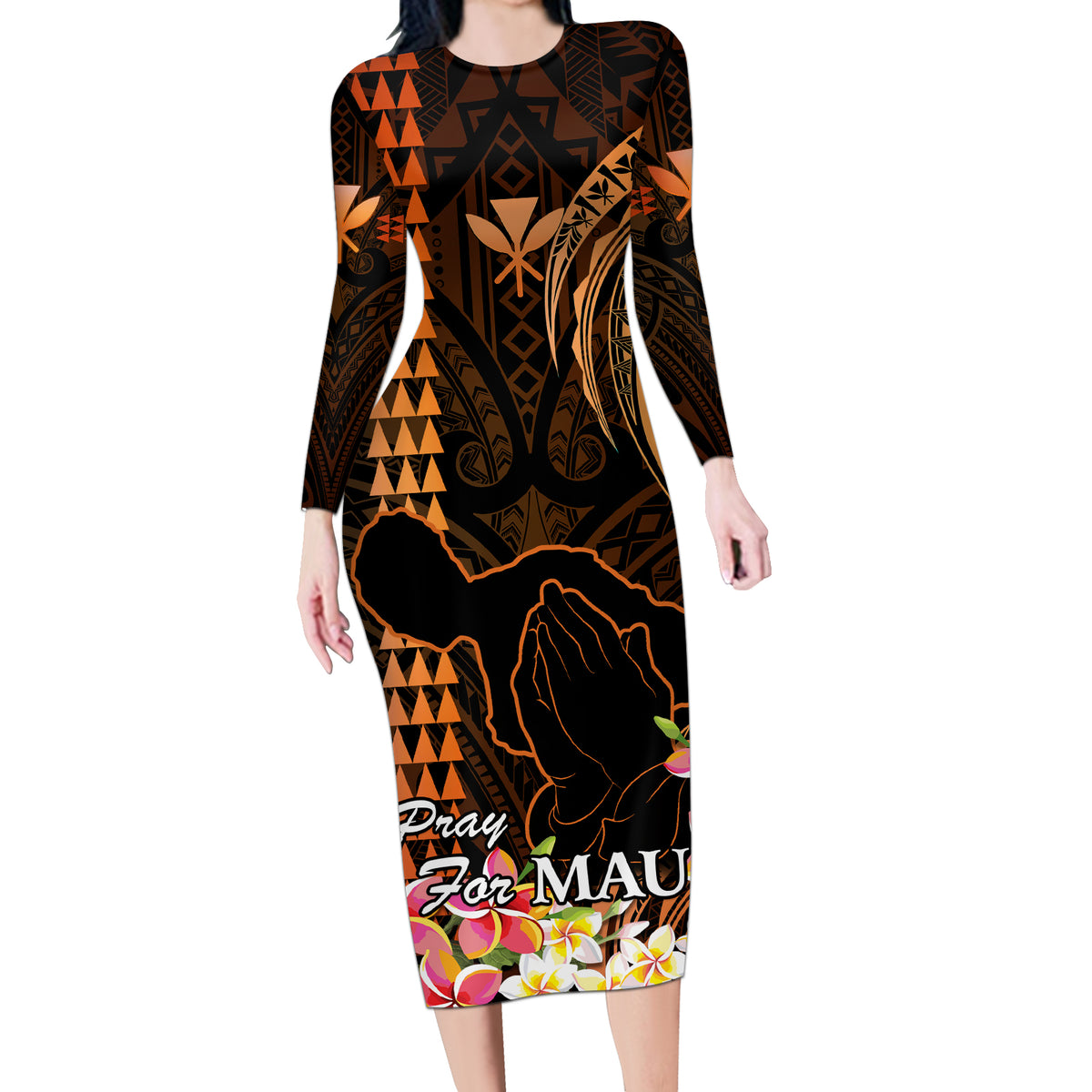 Personalised Hawaii Long Sleeve Bodycon Dress Pray For Maui Hawaiian Plumeria Be Strong Gold Verison - Wonder Print Shop