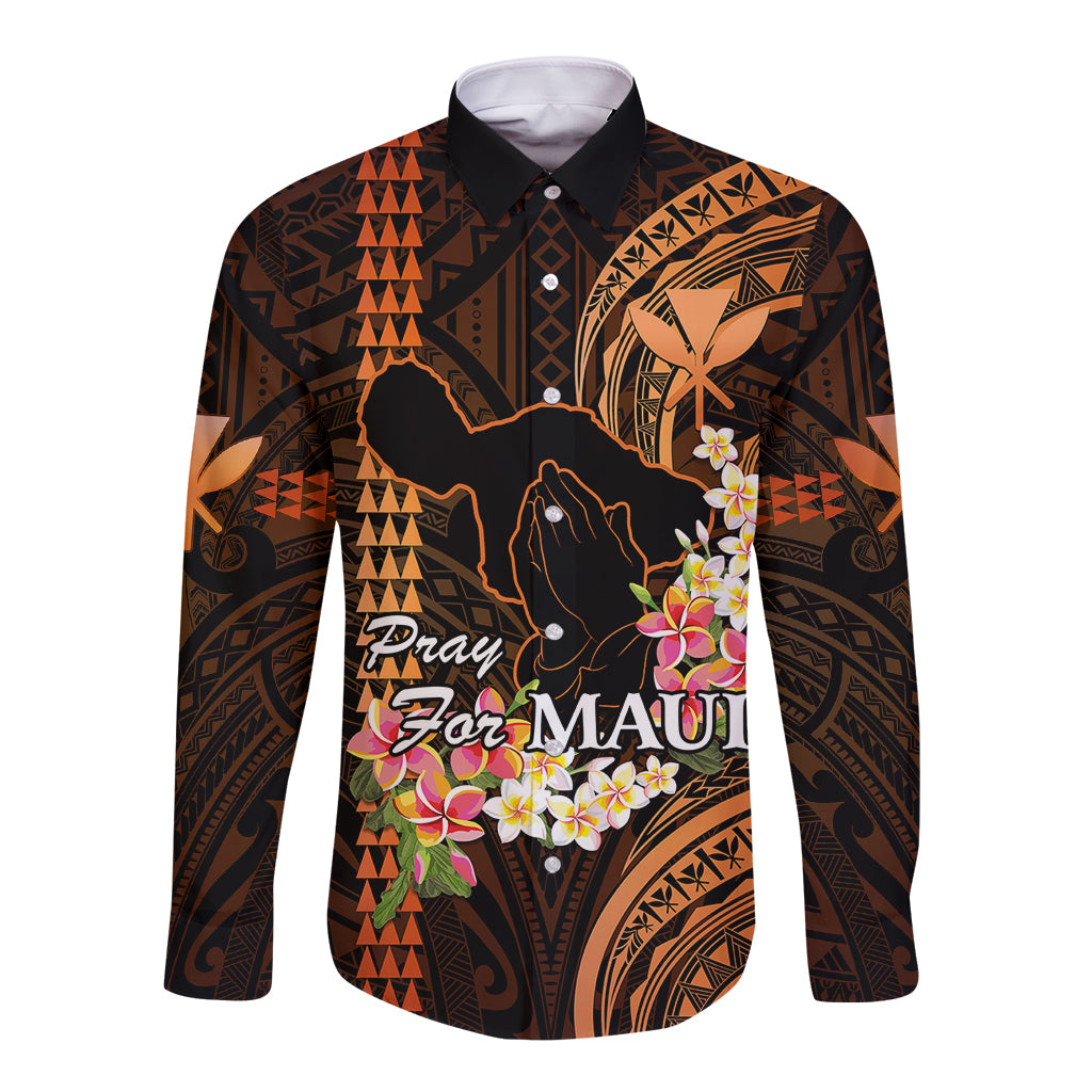 Personalised Hawaii Long Sleeve Button Shirt Pray For Maui Hawaiian Plumeria Be Strong Gold Verison - Wonder Print Shop