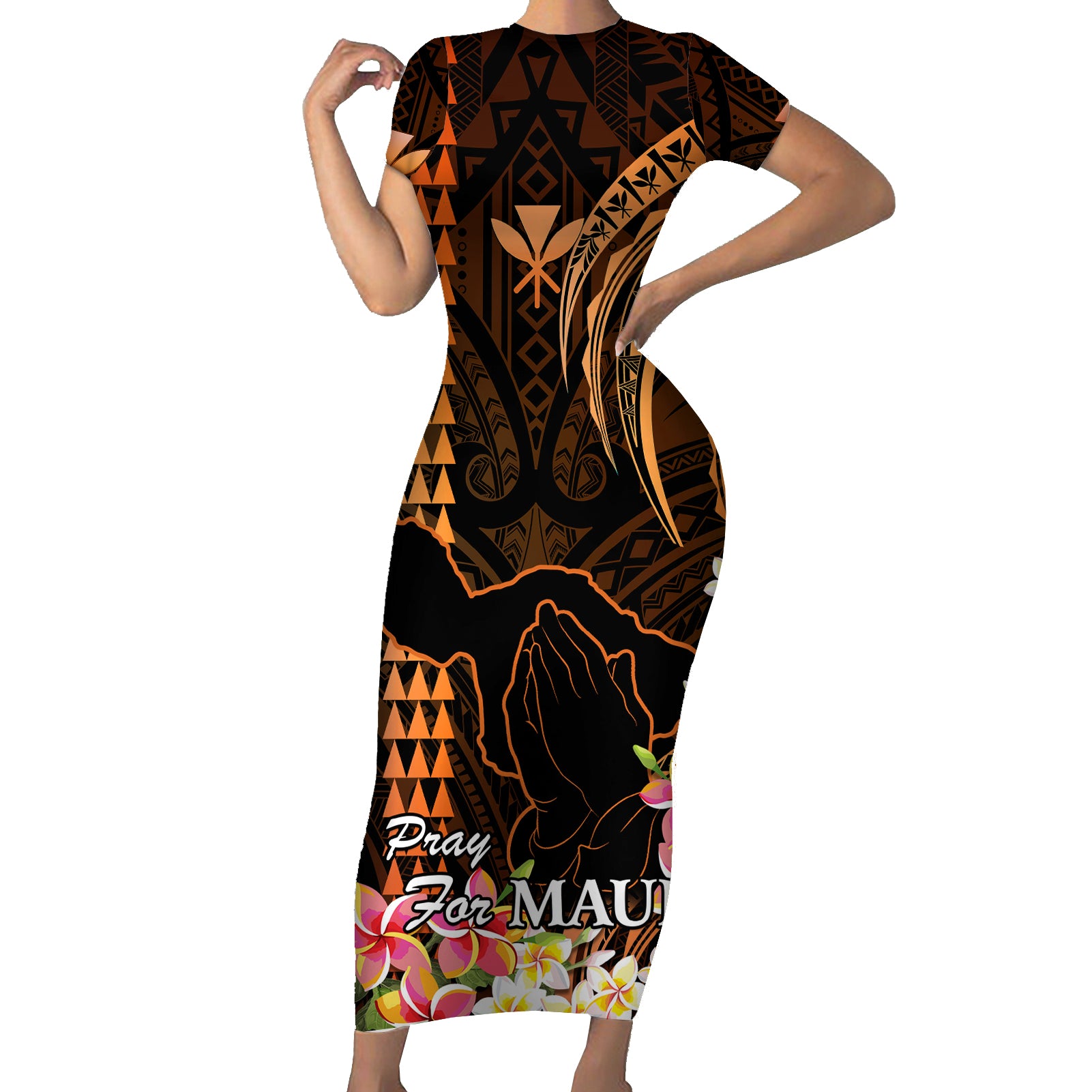 Personalised Hawaii Short Sleeve Bodycon Dress Pray For Maui Hawaiian Plumeria Be Strong Gold Verison - Wonder Print Shop