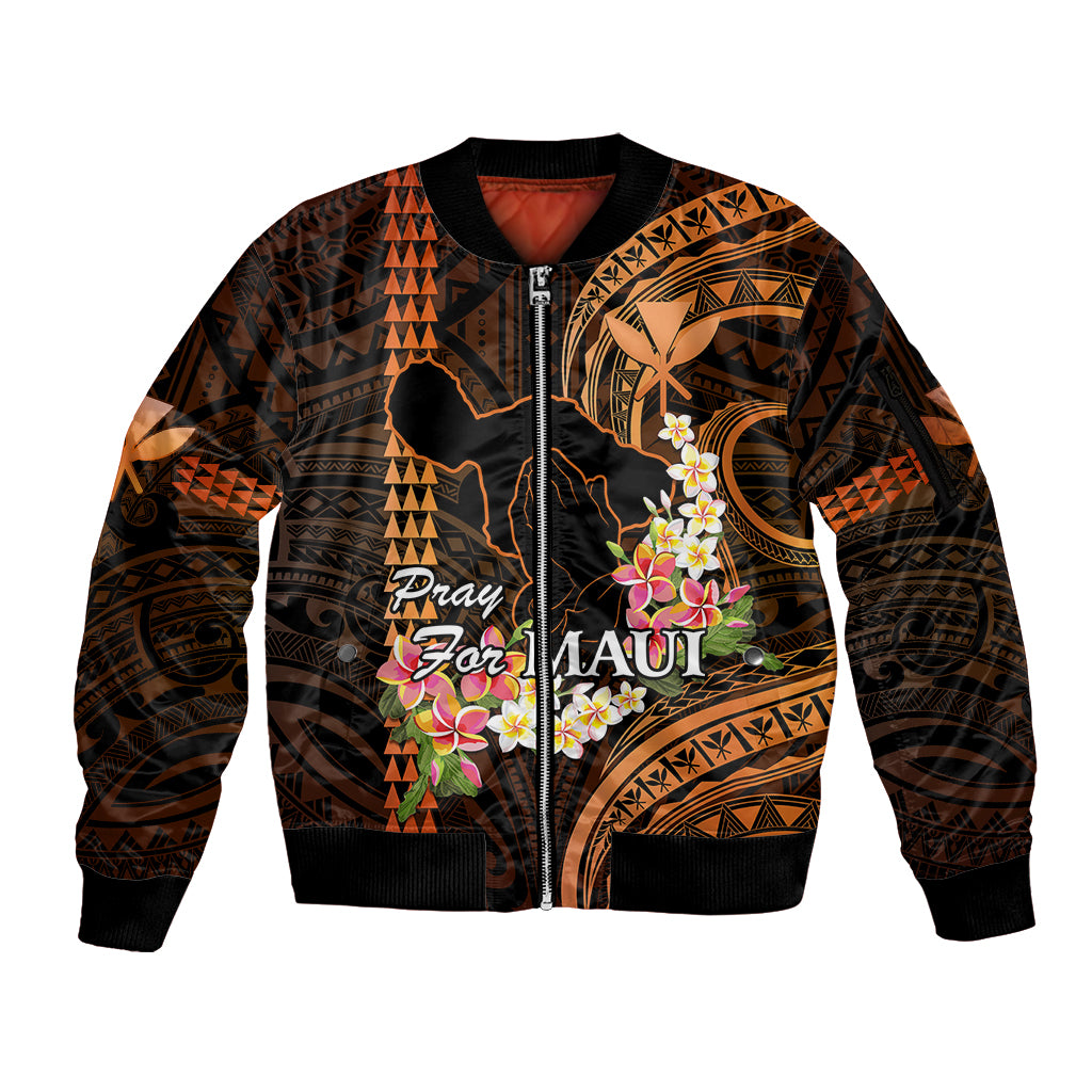 Personalised Hawaii Sleeve Zip Bomber Jacket Pray For Maui Hawaiian Plumeria Be Strong Gold Verison - Wonder Print Shop