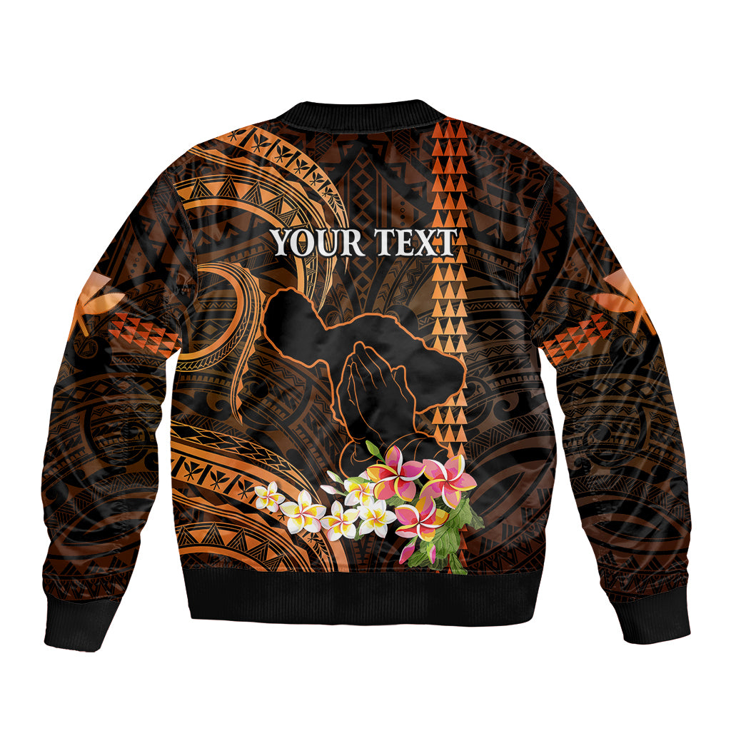 Personalised Hawaii Sleeve Zip Bomber Jacket Pray For Maui Hawaiian Plumeria Be Strong Gold Verison - Wonder Print Shop