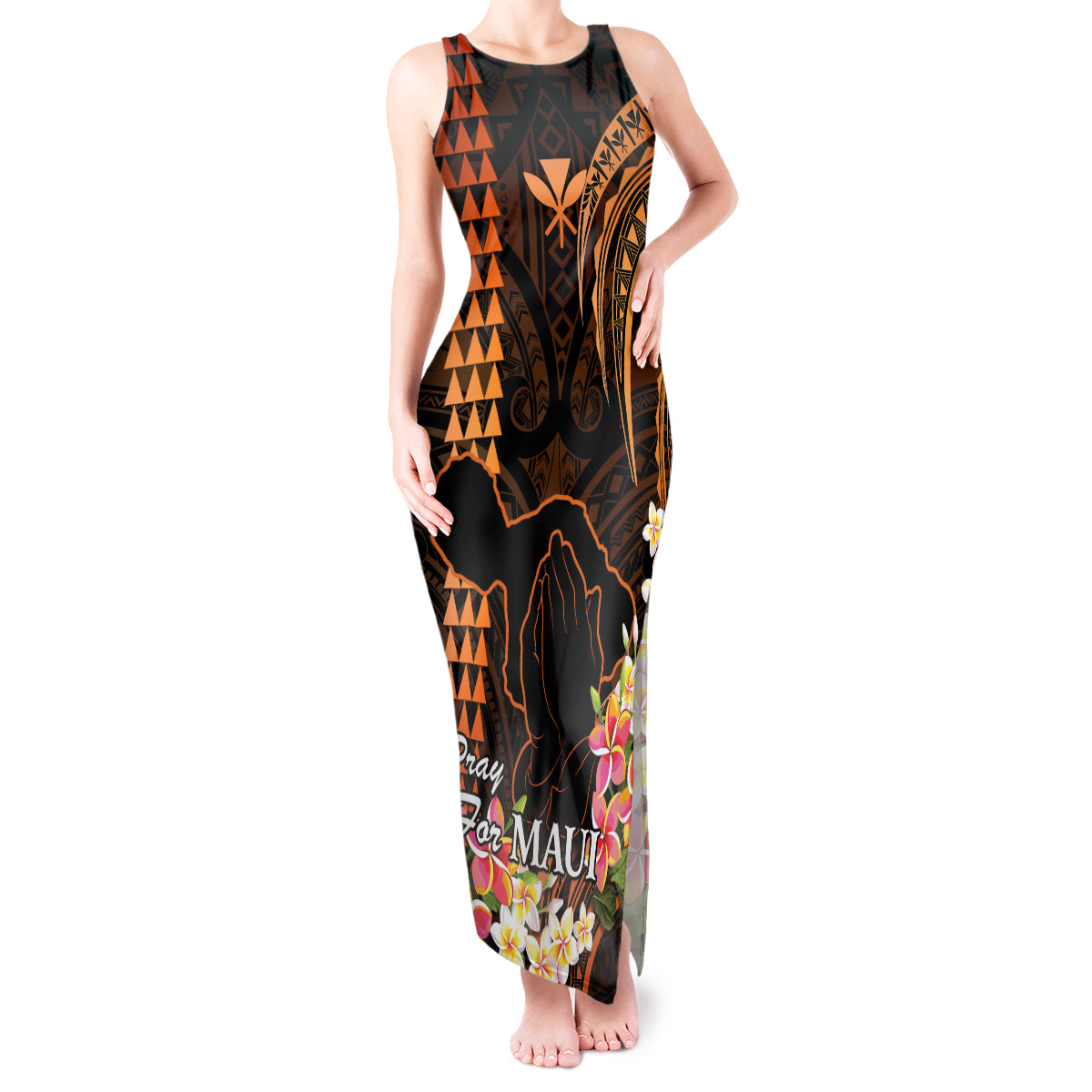 Personalised Hawaii Tank Maxi Dress Pray For Maui Hawaiian Plumeria Be Strong Gold Verison - Wonder Print Shop
