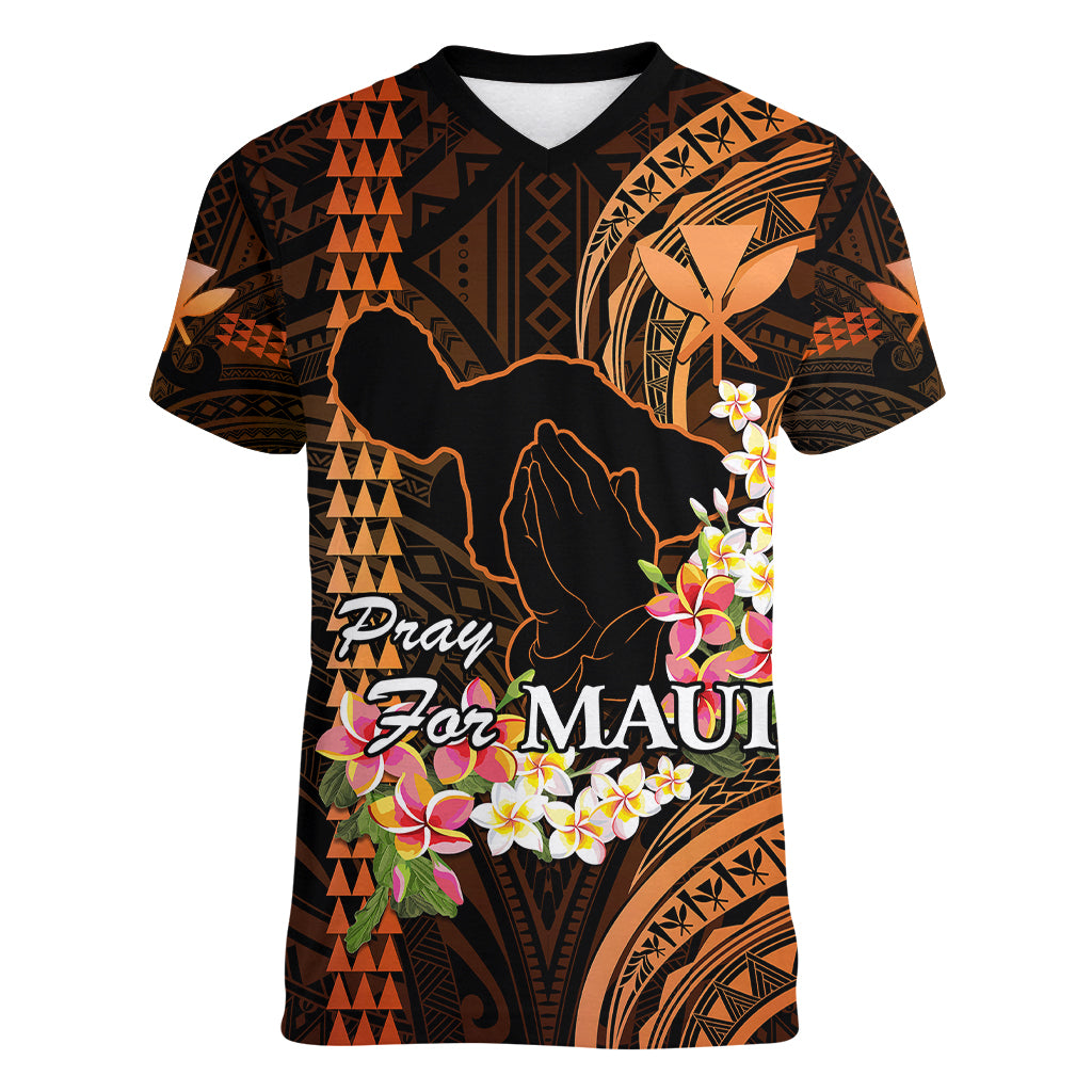 Personalised Hawaii Women V Neck T Shirt Pray For Maui Hawaiian Plumeria Be Strong Gold Verison - Wonder Print Shop
