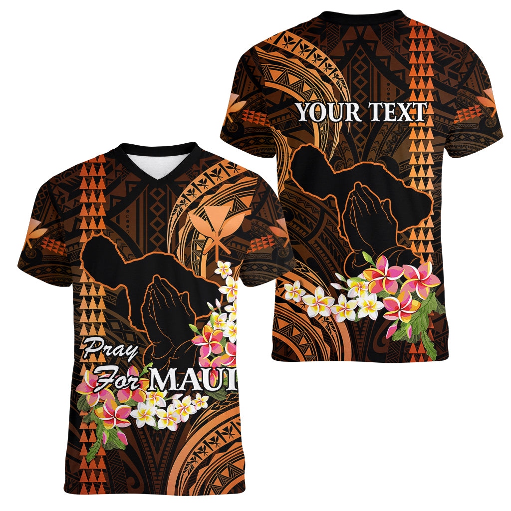 Personalised Hawaii Women V Neck T Shirt Pray For Maui Hawaiian Plumeria Be Strong Gold Verison - Wonder Print Shop