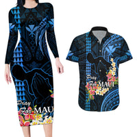 Hawaii Couples Matching Long Sleeve Bodycon Dress and Hawaiian Shirt Pray For Maui Hawaiian Plumeria Be Strong Blue Verison - Wonder Print Shop