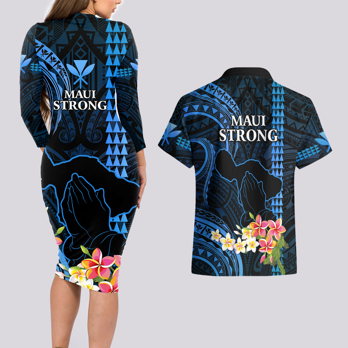Hawaii Couples Matching Long Sleeve Bodycon Dress and Hawaiian Shirt Pray For Maui Hawaiian Plumeria Be Strong Blue Verison - Wonder Print Shop