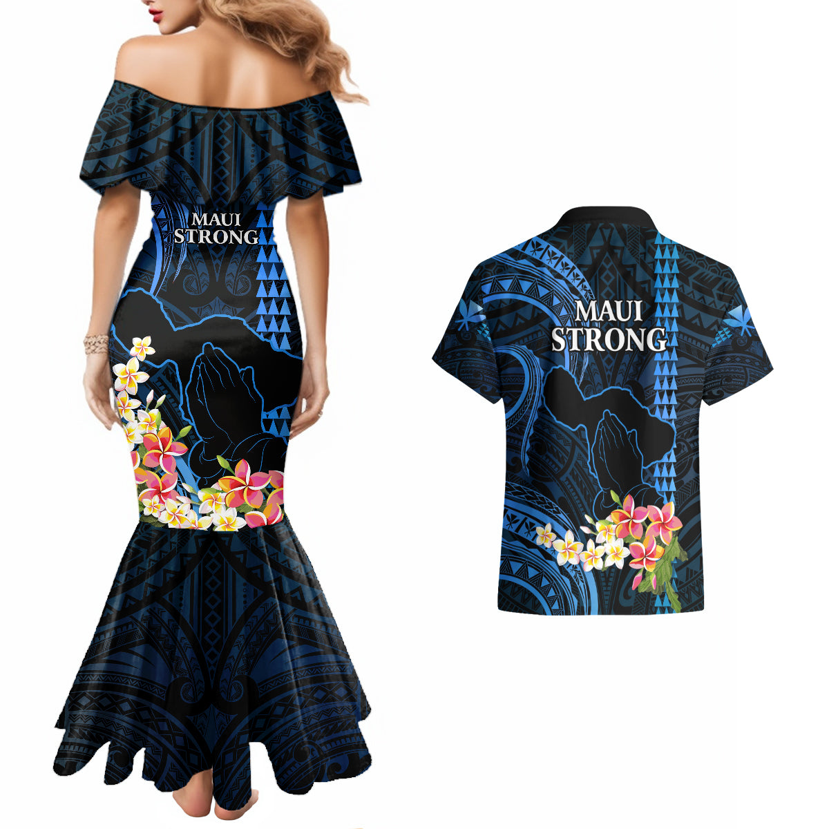 Hawaii Couples Matching Mermaid Dress and Hawaiian Shirt Pray For Maui Hawaiian Plumeria Be Strong Blue Verison - Wonder Print Shop