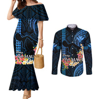 hawaii-couples-matching-mermaid-dress-and-long-sleeve-button-shirts-pray-for-maui-hawaiian-plumeria-be-strong-blue-verison