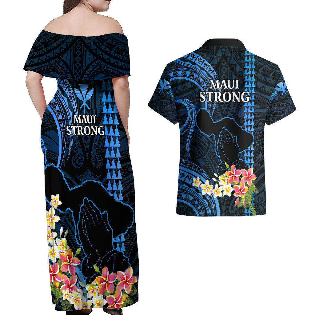 Hawaii Couples Matching Off Shoulder Maxi Dress and Hawaiian Shirt Pray For Maui Hawaiian Plumeria Be Strong Blue Verison - Wonder Print Shop