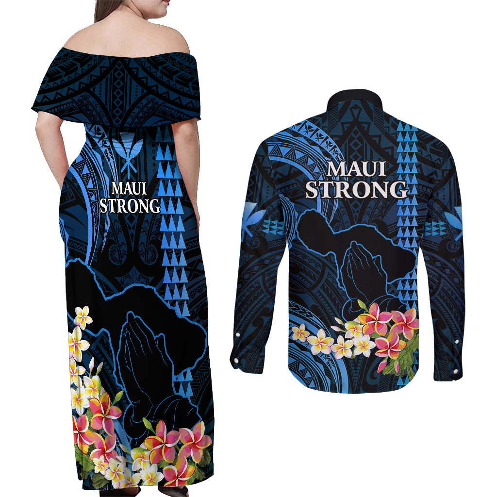 Hawaii Couples Matching Off Shoulder Maxi Dress and Long Sleeve Button Shirts Pray For Maui Hawaiian Plumeria Be Strong Blue Verison - Wonder Print Shop